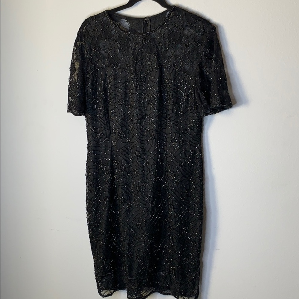 Vintage Stenay black beaded silk dress gown L